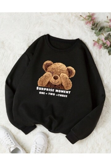 Kadın Siyah Ayıcık Baskılı Oversize Sweatshirt