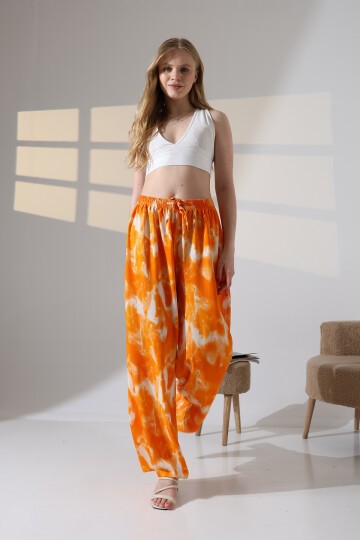 Kadın Turuncu Viskon Bol Paça Desenli Pantalon