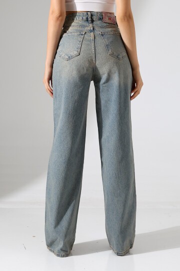 Kadın Vintage Yıkama Yüksek Bel Bol Paça Jean