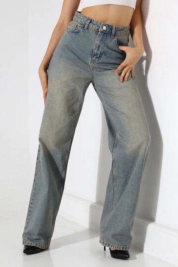 Kadın Vintage Yıkama Yüksek Bel Bol Paça Jean