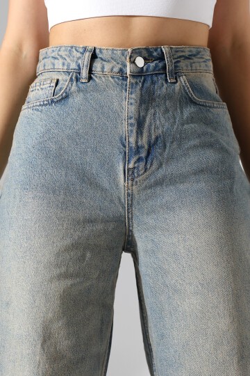 Kadın Vintage Yıkama Yüksek Bel Bol Paça Jean