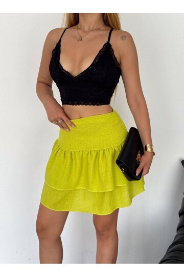 Kadın Yeşil Keten Kumaş Pileli Etek