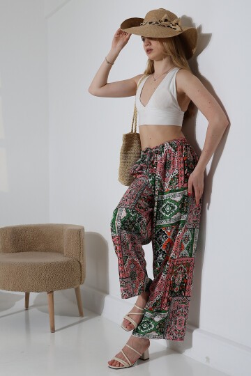 Kadın Zümrüt Viskon Bol Paça Desenli Pantalon
