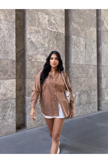 Kahve Çizgili Tek Cep Detay Gömlek