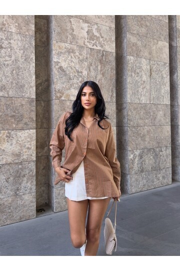 Kahve Çizgili Tek Cep Detay Gömlek
