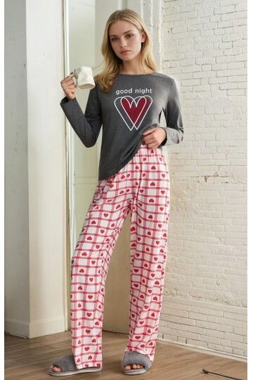 Kalp Baskılı Uzun Kollu Pijama Takım