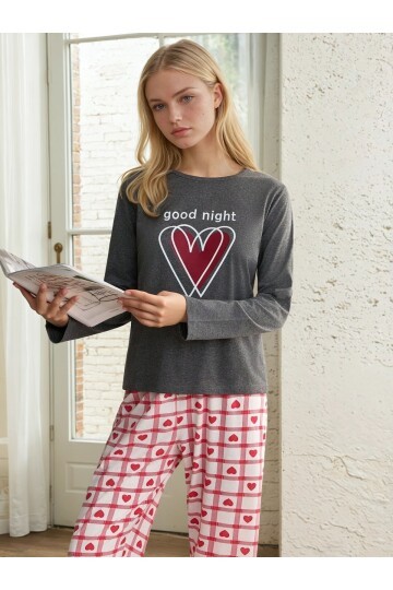 Kalp Baskılı Uzun Kollu Pijama Takım