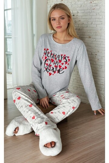 Kalp Desen Baskılı Uzun Kollu Pijama Takımı