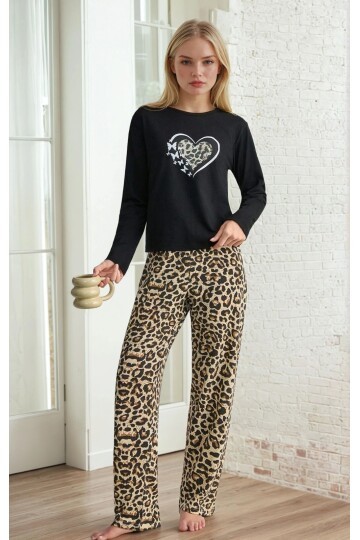 Kalp Detay Leopar Desen Pijama Takımı