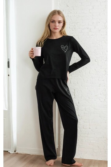 Kalp Detaylı Uzun Kollu Love Pijama Takımı