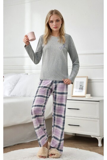 Kalpli Gri Üst Lila Ekose Alt Uzun Kollu Pijama Takımı