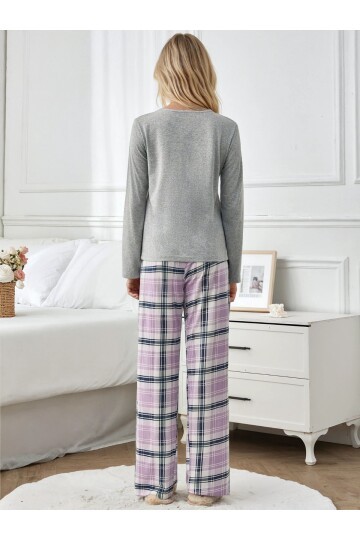 Kalpli Gri Üst Lila Ekose Alt Uzun Kollu Pijama Takımı