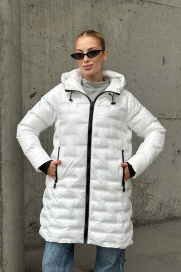 Kapitoneli Fermuarlı Kapüşonlu Uzun Şişme Mont