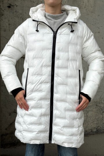 Kapitoneli Fermuarlı Kapüşonlu Uzun Şişme Mont