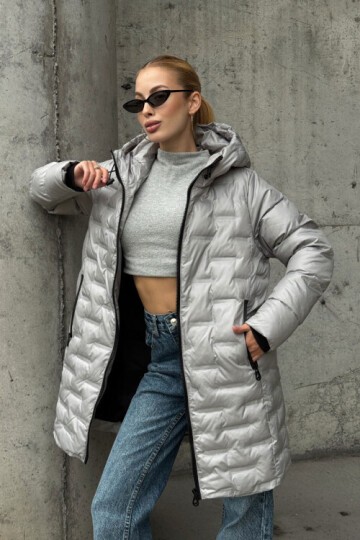 Kapitoneli Fermuarlı Kapüşonlu Uzun Şişme Mont