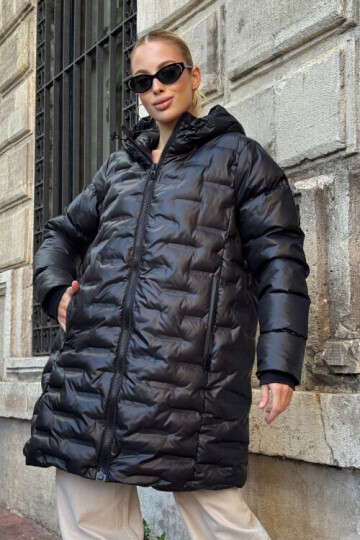 Kapitoneli Fermuarlı Kapüşonlu Uzun Şişme Mont