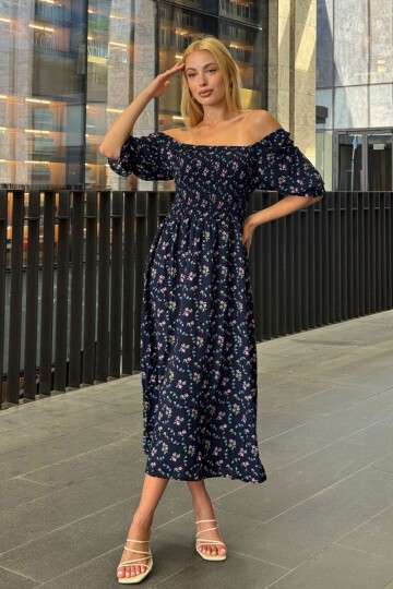 Kare Yaka Beli Gipeli Çiçek Desenli Elbise Lacivert