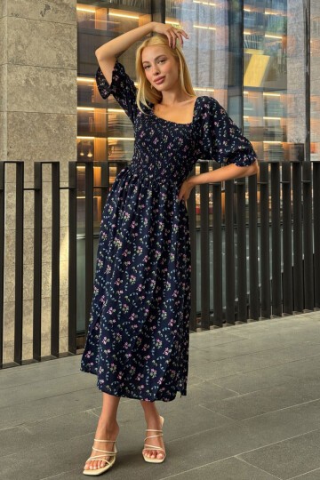 Kare Yaka Beli Gipeli Çiçek Desenli Elbise Lacivert