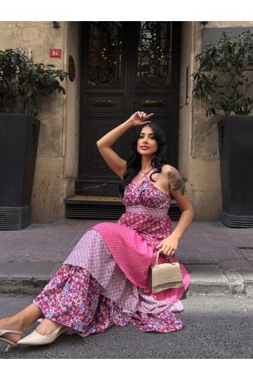 Kat Kat Desenli Tasarım Elbise