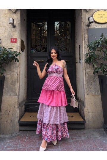 Kat Kat Desenli Tasarım Elbise