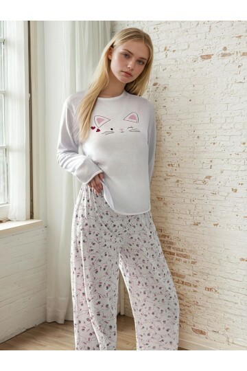 Kedi Baskılı Uzun Kollu Pijama Takımı
