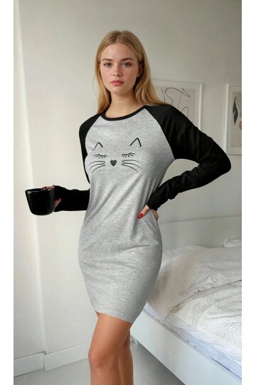 Kedi Surat Baskılı Uzun Kollu Gri Kadın Gecelik