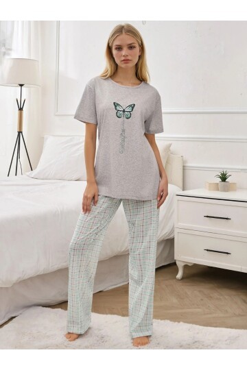 Kelebek Baskılı Ekose Desen Kısa Kol Pijama Takımı