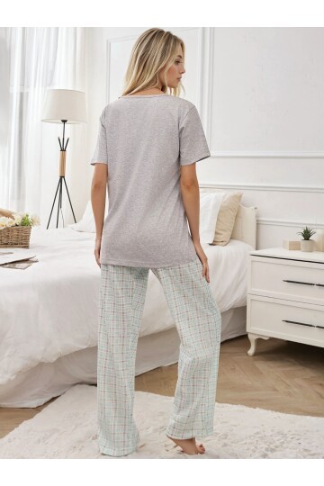 Kelebek Baskılı Ekose Desen Kısa Kol Pijama Takımı