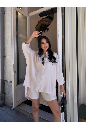 Keten Arkası Uzun Salaş Gömlek Şort Takım Bej