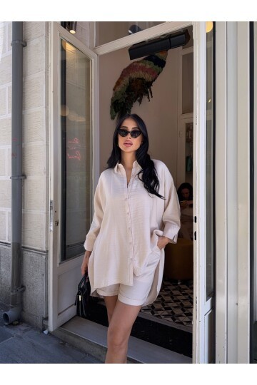 Keten Arkası Uzun Salaş Gömlek Şort Takım Bej