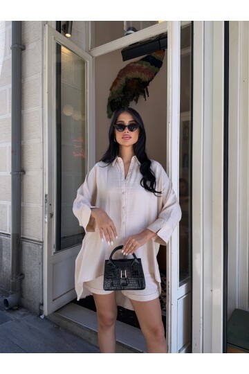 Keten Arkası Uzun Salaş Gömlek Şort Takım Bej