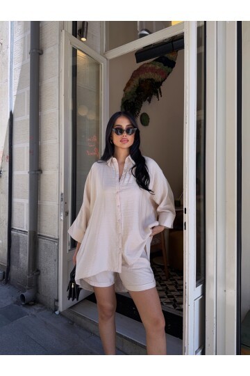 Keten Arkası Uzun Salaş Gömlek Şort Takım Bej