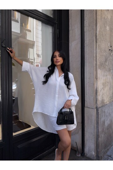 Keten Arkası Uzun Salaş Gömlek Şort Takım Beyaz