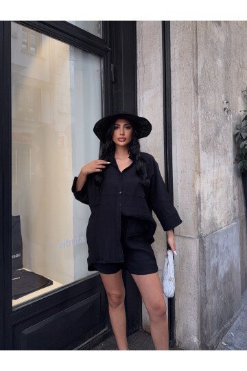 Keten Arkası Uzun Salaş Gömlek Şort Takım Siyah
