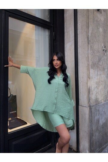 Keten Arkası Uzun Salaş Gömlek Şort Takım Yeşil