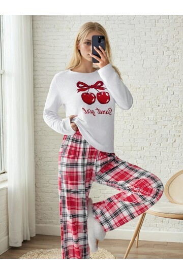 Kiraz Baskılı Alt Ekose Uzun Kollu Pijama Takımı