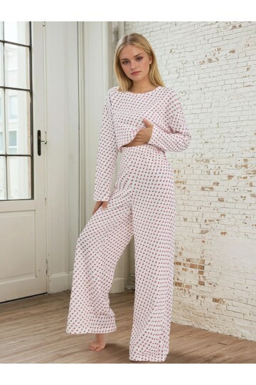 Kalp Desenli Uzun Kollu Pijama Takımı