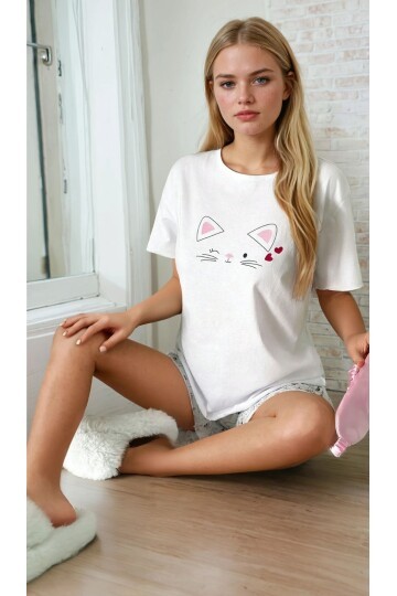 Kısa Kol Kedi Baskılı Şortlu Pijama Takımı