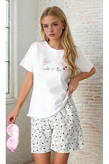 Kısa Kol Kedi Baskılı Şortlu Pijama Takımı