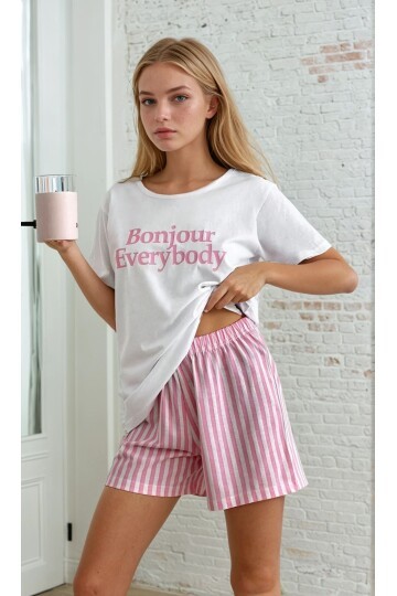 Kısa Kollu Şortlu Pijama Takımı Pembe