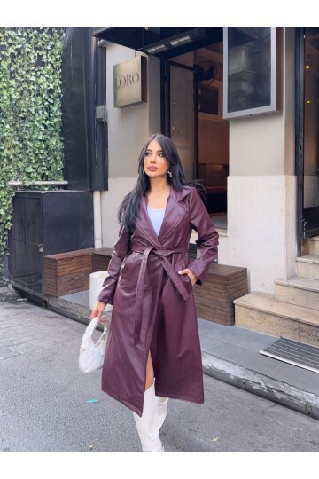 Kuşaklı Uzun Bordo Deri Pardösü