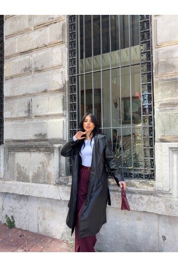 Kuşaklı Uzun Deri Pardösü