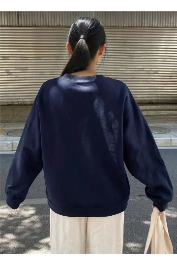 Lacivert Kurdele Nakışlı Oversize Üç İplik Sweatshirt