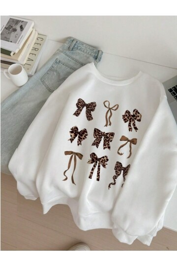 Leopar Fiyonk Desenli Üç İplik Oversize Sweatshirt