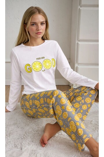 Limon Desenli Uzun Kol Kadın Pijama Takımı