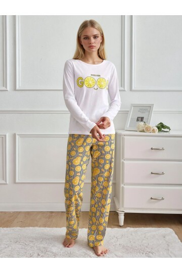 Limon Desenli Uzun Kol Kadın Pijama Takımı