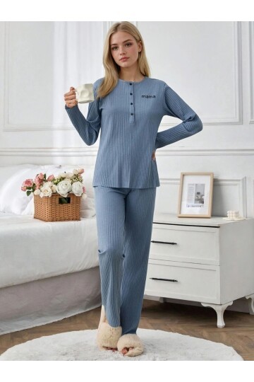 Mama Mood Kadın Düğmeli Ribana Pijama Takım