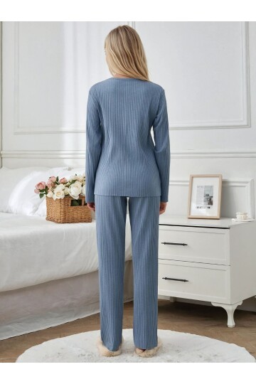 Mama Mood Kadın Düğmeli Ribana Pijama Takım