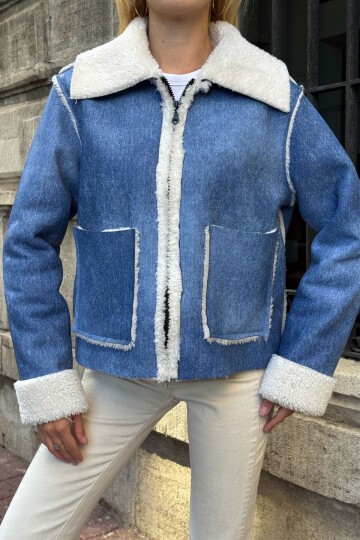 Mavi Çift Cepli İçi Suni Kürklü Biker Mont