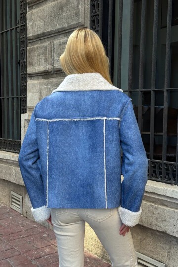 Mavi Çift Cepli İçi Suni Kürklü Biker Mont